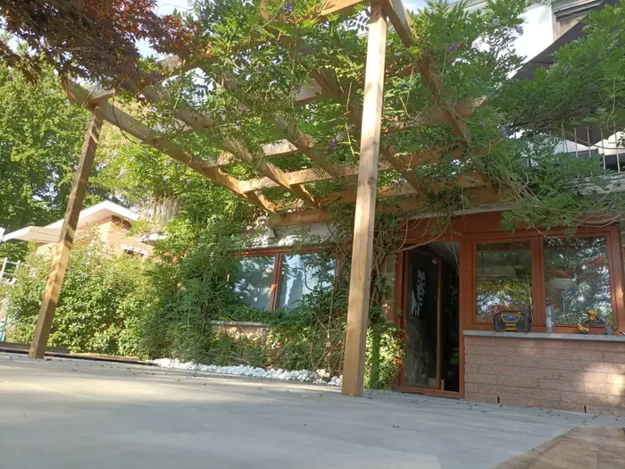 Pergola en bois couverte de glycine contre la maison