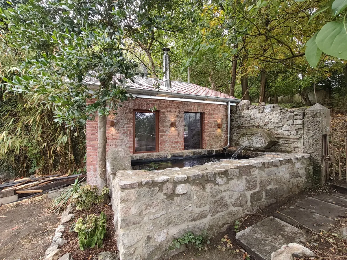Espace sauna complet en région de Namur : cèdre rouge, poêle à bois, vestiaire et bassin — photo 5